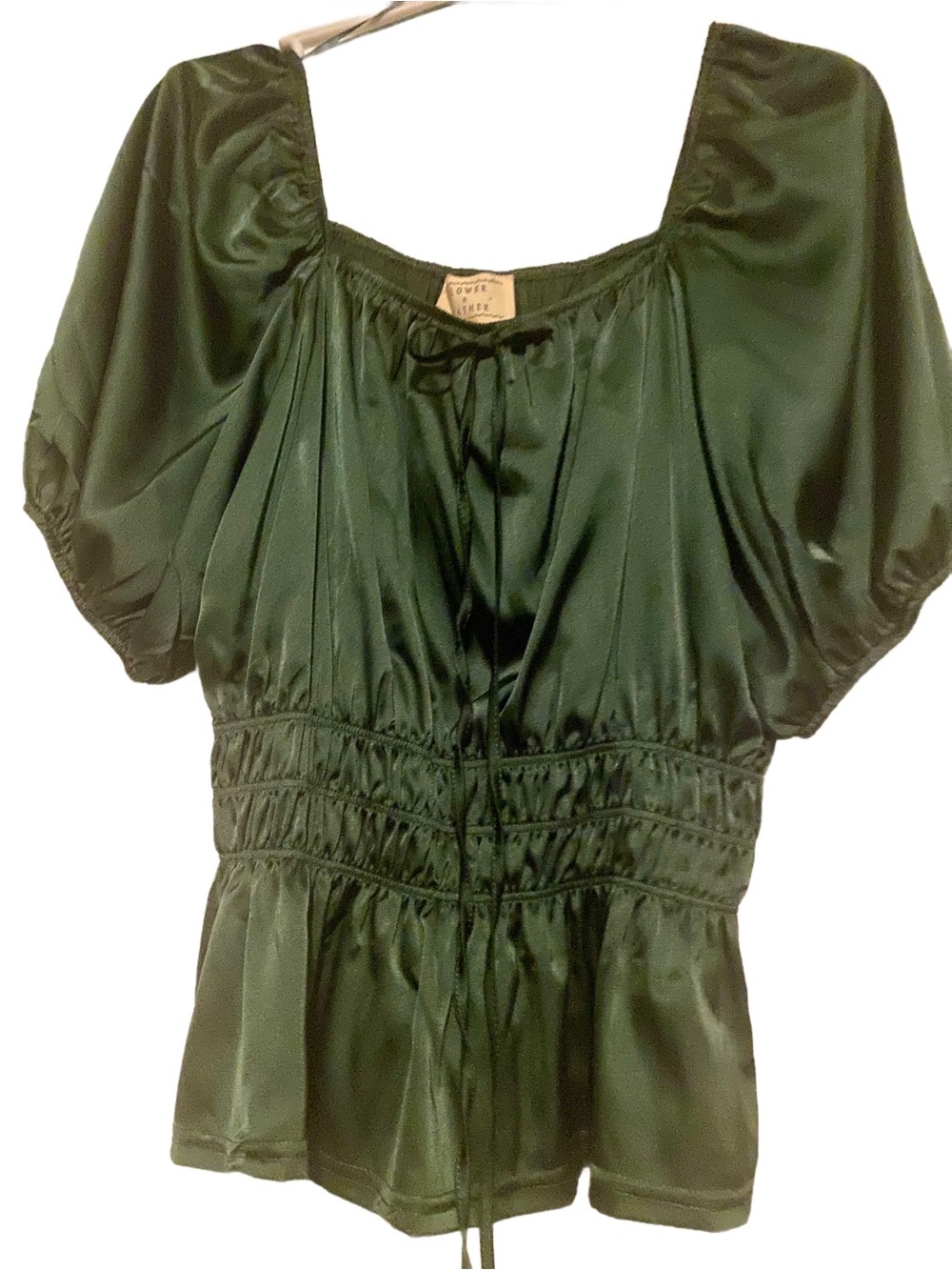 Satin Peasant Blouse in Deep Olive